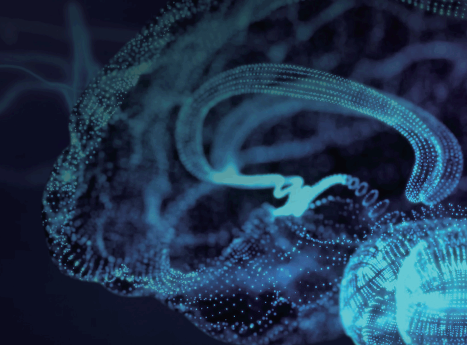 glowing blue light particles point of human brain model